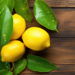 Lemons and Lemon leaves on a wooden background